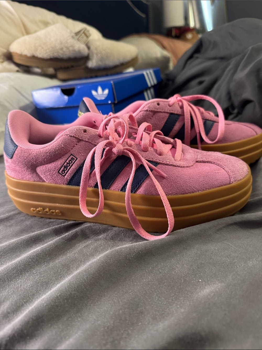 adidas Pink Suede Platform Sneakers with Navy Stripes and Gum Sole - Picture 3 of 5